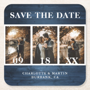 Dusty Blue Wood Wedding Foto Save the Date Rechteckiger Pappuntersetzer