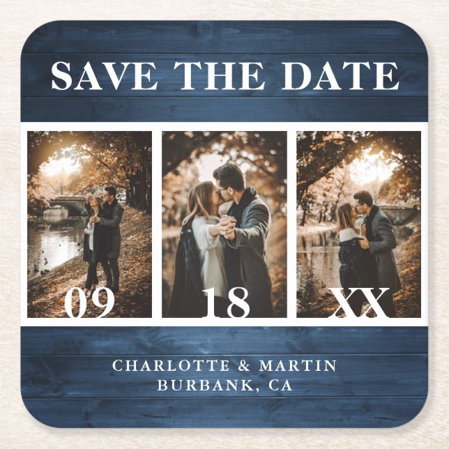 Dusty Blue Wood Wedding Foto Save the Date Rechteckiger Pappuntersetzer (Vorderseite)