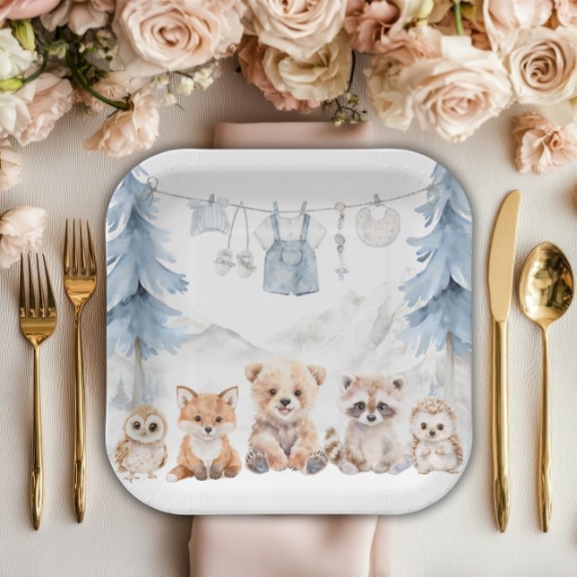 Dusty Blue Woodland Adventure Awaits Baby Shower Pappteller (Von Creator hochgeladen)