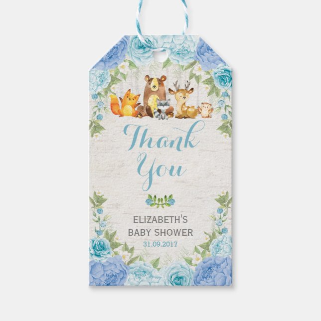 Dusty Blue Woodland Animals Boy Baby Shower Gevor Geschenkanhänger (Vorderseite)