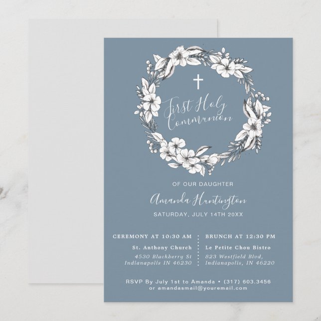Dusty Blue Wreath First Holly Communion Einladung (Vorne/Hinten)