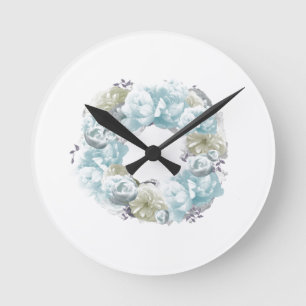 Dusty Blue Wreath Flower Clock Runde Wanduhr