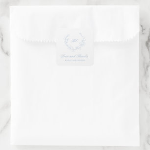 Dusty Blue Wreath Monogram Elegant Wedding Quadratischer Aufkleber