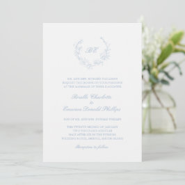 Dusty Blue Wreath Monogram QR Code Elegant Wedding Einladung