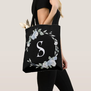 Dusty Blue Wreath Script Initial Monogram Black Tasche