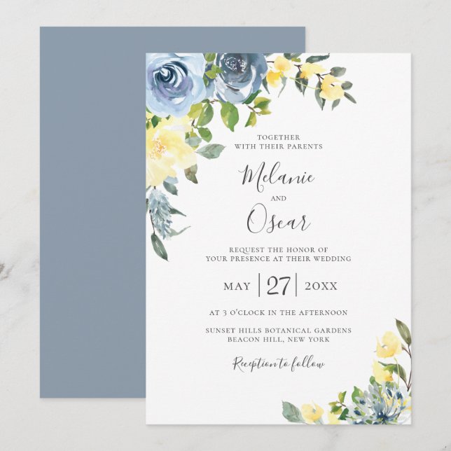 Dusty Blue & Yellow Botanical Floral Wedding Einladung (Vorne/Hinten)