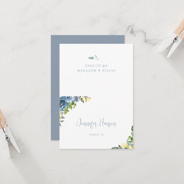 Dusty Blue Yellow Botanical Wedding Place Card Einladung (Vorderseite/Rückseite Beispiel)