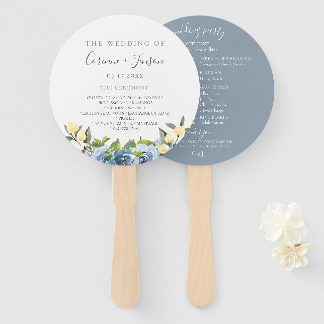 Dusty Blue Yellow Botanical Wedding Program Fächer (Vorne und Hinten)