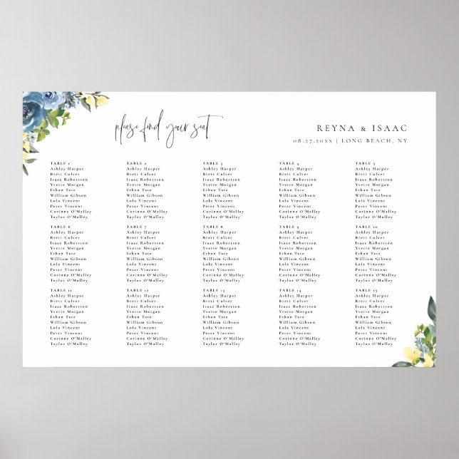 Dusty Blue Yellow Botanical Wedding Seating Chart Poster (Vorne)