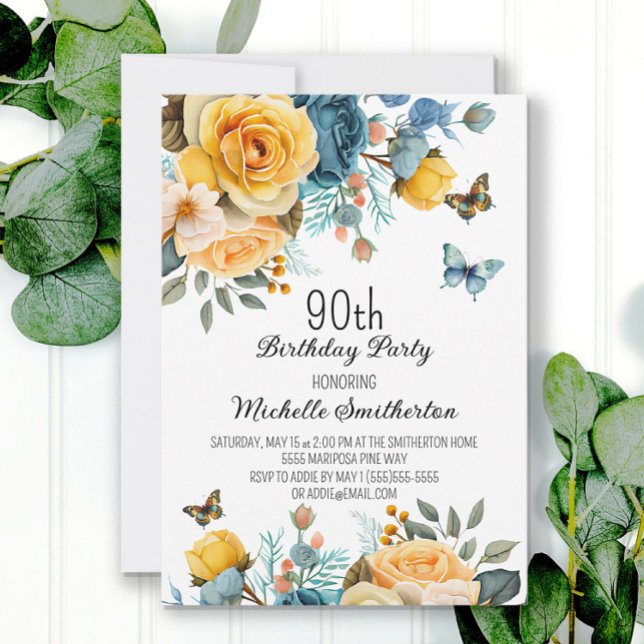 Dusty Blue Yellow Floral Butterflies 90. Geburtsta Einladung (Von Creator hochgeladen)