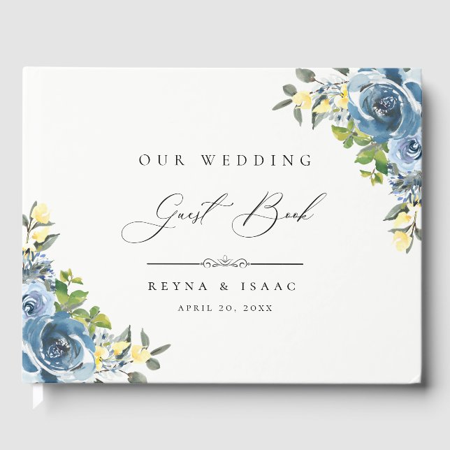 Dusty Blue Yellow Floral Wedding Guest Book Gästebuch (Vorderseite)