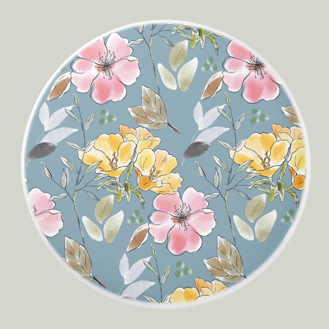 Dusty Blue Yellow Flowers Pink Floral Pattern Keramikknauf (Von Creator hochgeladen)