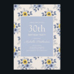 Dusty Blue Yellow Flowers Weiße 30. Geburtstag Einladung<br><div class="desc">Niedliche und weibliche staubblaue und gelb handgezeichnet Blume auf weißer 30. Geburtstagsfeier für Frauen. Ideal für Frühjahr- oder Sommergeburtstage.</div>