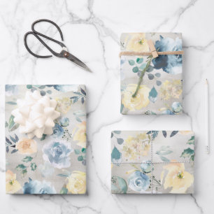 Dusty Blue & Yellow Peony Eucalyptus Floral Garden Geschenkpapier Set