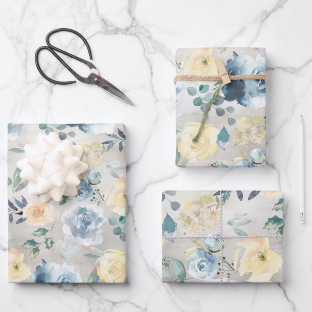 Dusty Blue & Yellow Peony Eucalyptus Floral Garden Geschenkpapier Set (Vorderseite)
