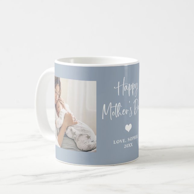 Dusty Blue | Zwei Foto Script glücklich Muttertag Kaffeetasse (Vorderseite Links)