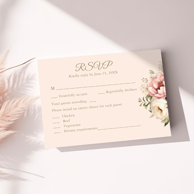 Dusty Blush Floral Wedding RSVP Card Karte (Dusty Blush Floral Wedding RSVP Card on a sunny table with neutral dry botanicals)