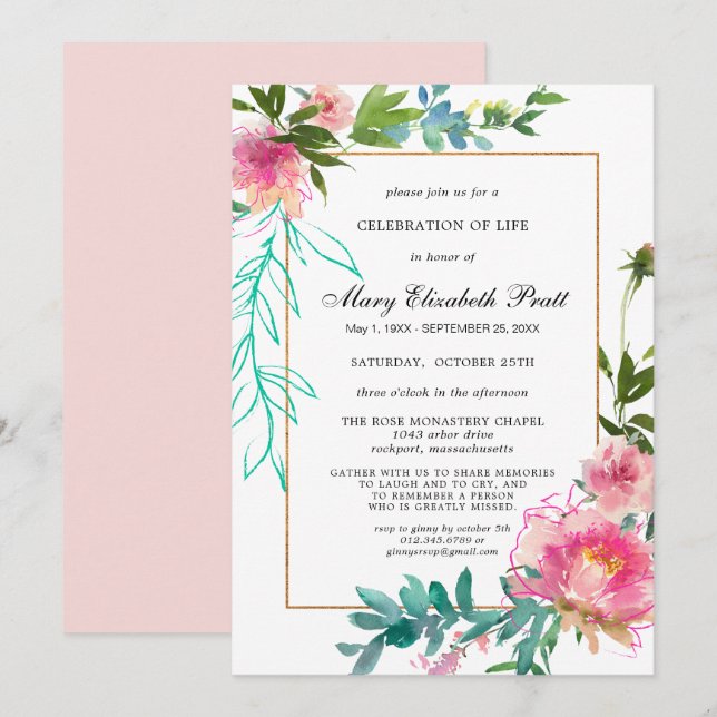 Dusty Blush Pink Blumenfeier des Lebens Invita Einladung (Vorne/Hinten)