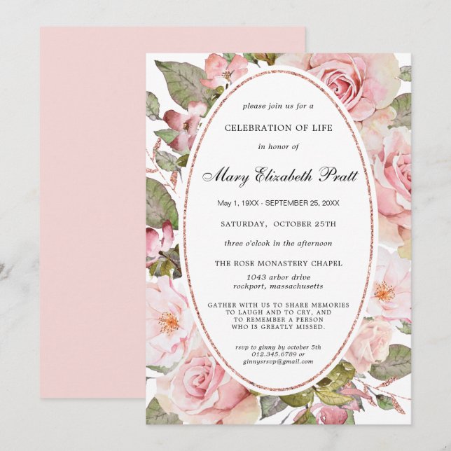 Dusty Blush Pink Blumenfeier des Lebens Invita Einladung (Vorne/Hinten)