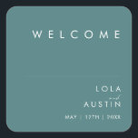 Dusty Boho | Green Wedding Welcome Square Sticker<br><div class="desc">Dieser Dusty Boho | Grüne Hochzeitsaufkleber ist perfekt für Ihre bunten rustikale Hochzeit. Das schlichte, einzigartige moderne Design mit zeitgenössischer minimalistischer Schrift und aquamariner grüner Farbpalette verleiht diesem Produkt ein klassisches böhmisches Ambiente. Behalt es so, wie es ist, oder wähle es aus, um es mit Kunstwerken oder Grafiken deiner Wahl...</div>