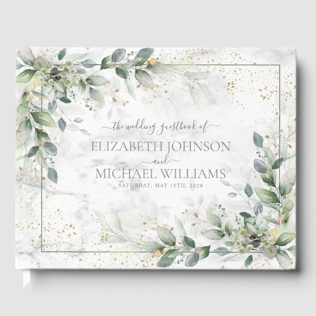 Dusty Botanical Greenerity Gold Marble Wedding Gästebuch (Vorderseite)