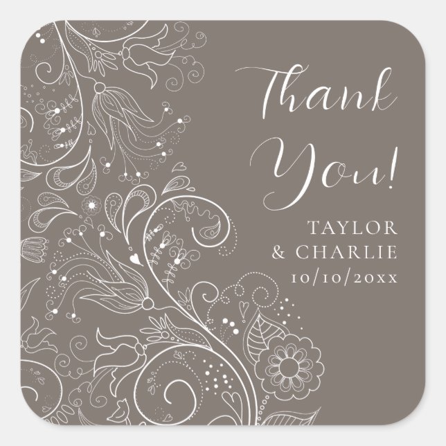 Dusty Brown Elegant Floral Wedding Vielen Dank Quadratischer Aufkleber (Vorderseite)