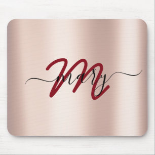 Dusty Burgundy Rose Minimal Name Monogram. Lux Mousepad