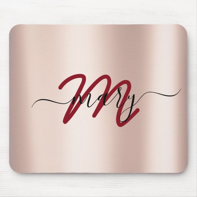 Dusty Burgundy Rose Minimal Name Monogram. Lux Mousepad (Vorne)