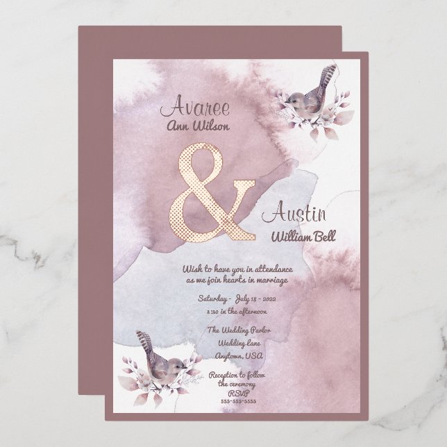 Dusty Burgundy Wasserfarbe und Rose Gold Ampersand Folieneinladung (Vorderseite/Rückseite)