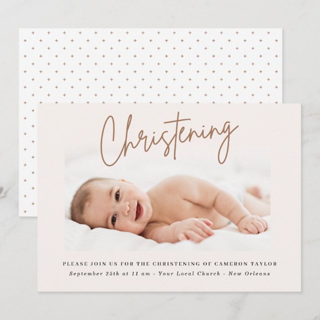 Dusty Cream Handwriting Script Christening Foto Einladung (Vorne/Hinten)