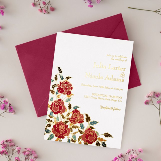 Dusty Elegant Golden Rote Rose Blume Hochzeit Folieneinladung (Von Creator hochgeladen)