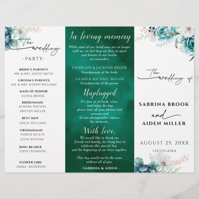 Dusty Emarald Green White Floral Wedding Program (Vorderseite)