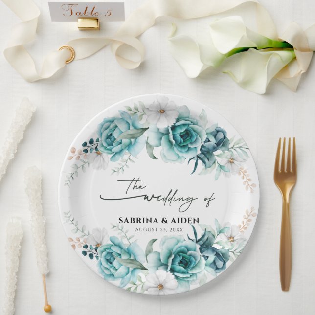 Dusty Emerald Green White Floral Wedding Pappteller (Hochzeit)