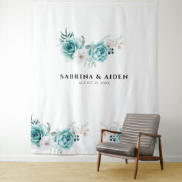 Dusty Emerald Green White Floral Wedding Wandteppich