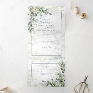 Dusty Eucalyptus Botanical Gold Greenerity Wedding Dreifach Gefaltete Einladung