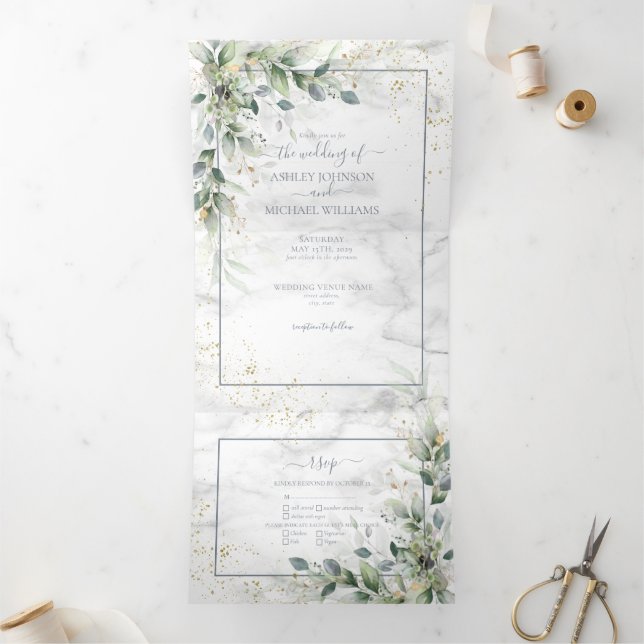 Dusty Eucalyptus Botanical Gold Greenery Wedding Dreifach Gefaltete Einladung (Innenseite)