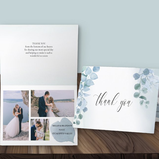 Dusty Eucalyptus Elegant 3 Foto Wedding Dankeskarte (Thank you card with 3 wedding photos from Dusty Eucalyptus wedding collection)