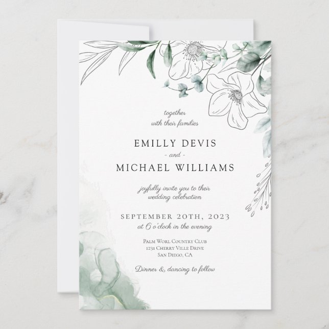 Dusty Eucalyptus Faire-part de mariage verdoyant (Devant)