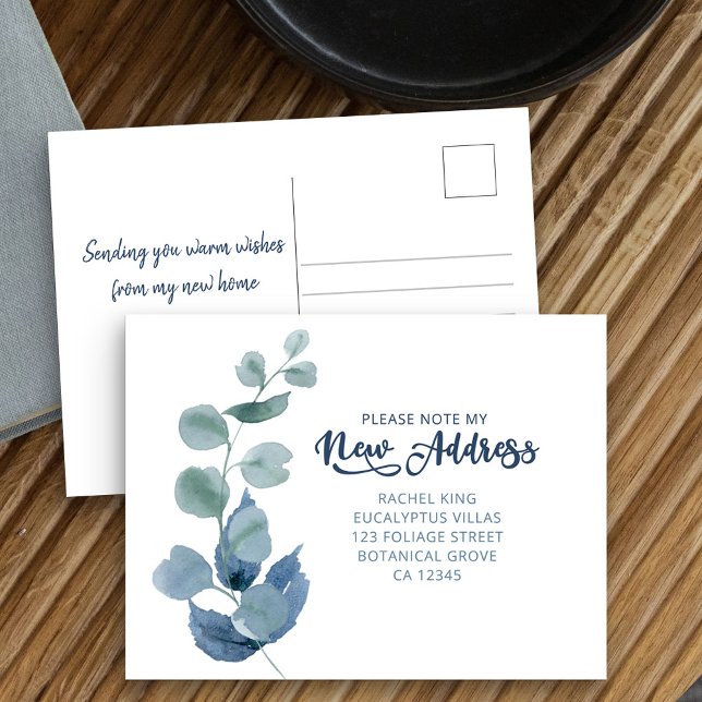 Dusty Eucalyptus Watercolor Foliage Moving Ankündigungspostkarte (New Address postcard with dusty blue and green eucalyptus leaves)