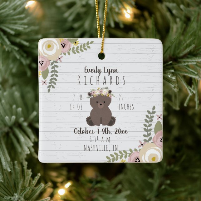 Dusty Floral Bear Cub Baby Girl Birth Stats Keramikornament (Baum)