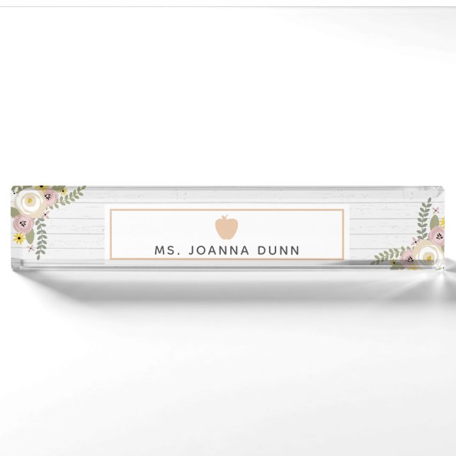 Dusty Floral Gray Wood Pink Apple Lehrer Namensplakette (Vorderseite)