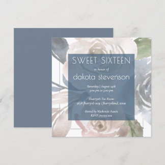 Dusty Floral | Smoky Blue Cream Sweet 16 Birthday Einladung