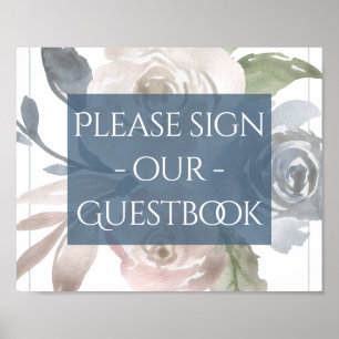 Dusty Floral Smoky Blue Pastel Bouquet Gäestbook Poster