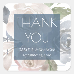 Dusty Floral   Smoky Blue Pastellrahmen Vielen Dan Quadratischer Aufkleber