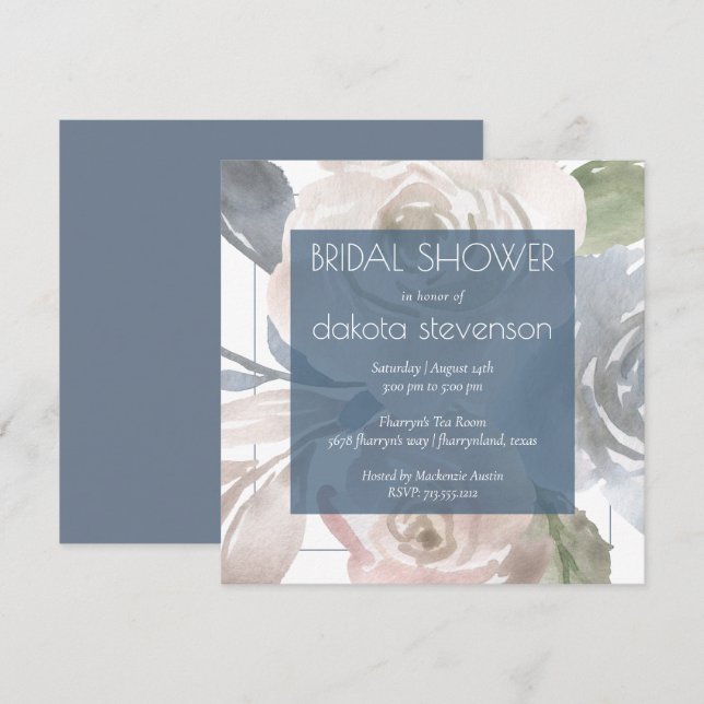 Dusty Floral | Smoky Pastel Blue Brautparty Einladung (Vorne/Hinten)