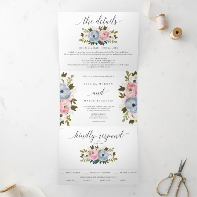 Dusty Floral Wedding Tri-Fold Einladungen UAWG (Innenseite)