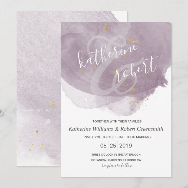 Dusty Gold et Mauve Élégante invitation de mariage (Devant / Derrière)