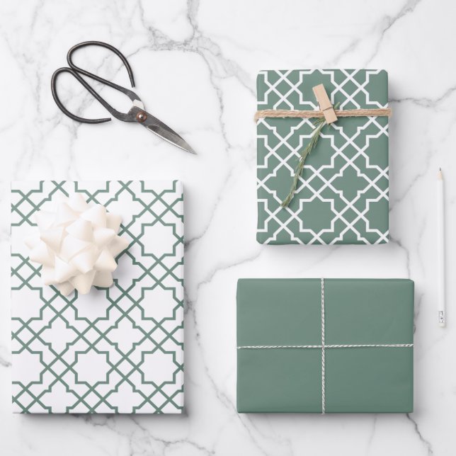 Dusty Green Arabesque Muster Geschenkpapier Set (Vorderseite)