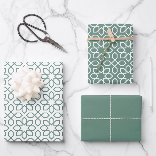 Dusty Green Arabic Geometric Pattern Geschenkpapier Set (Vorderseite)