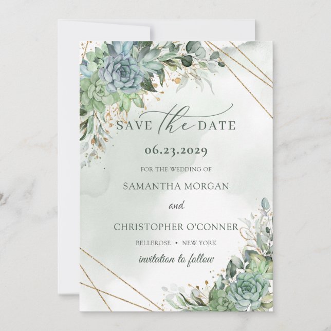 Dusty green blue succulcules gold Save the Date (Vorderseite)